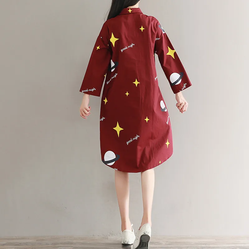 MIWIMD Large Size Women Autumn Dresses 2017 New Fashion Casual Loose Cotton Linen Long Sleeve Vintage Printed Shirt Dress | Женская