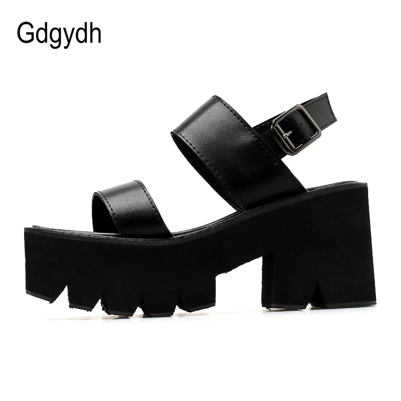 Gdgydh Block Chunky Heels Sandals Woman Open Toe Platform Shoes Casual Female Ankle Strap Black Ladies Footwear on Summer