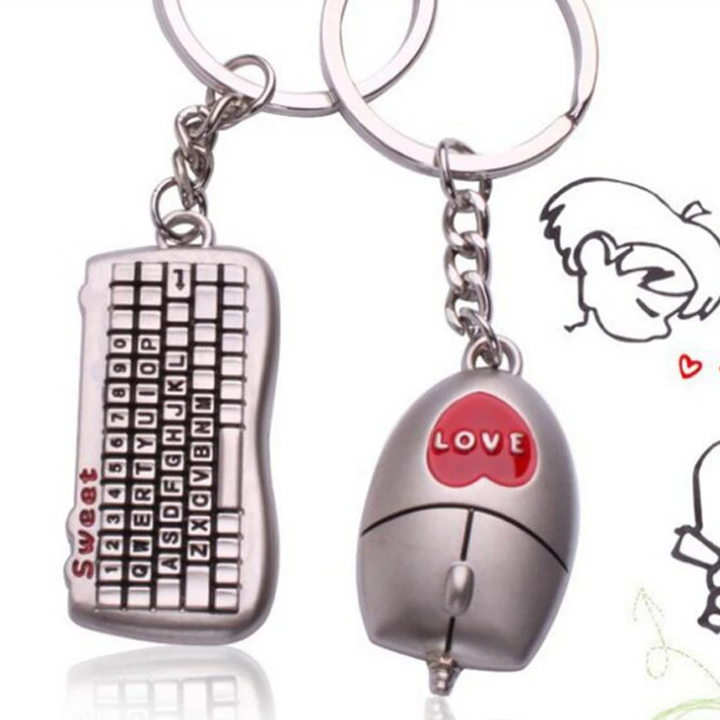 

(100 pairs/lot)Fashion Creative Couples Mouse & Keyboard Keychain Metal Lovers Chain Ring Wedding Party Souvenir Gifts KC007W