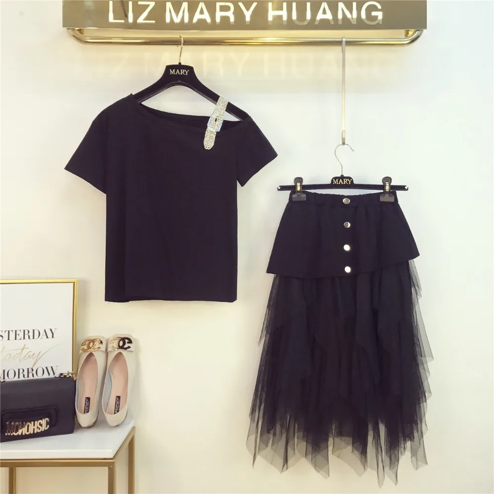 Женские летние газовые юбки костюмы с открытыми плечами бриллианты футболки