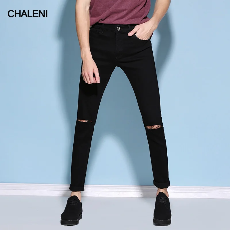 Fashion Style Elastic Hole Casual Solid Color Jeans Slim Middle Waist Full Length Pencil Pants QC-A101-809 | Мужская одежда
