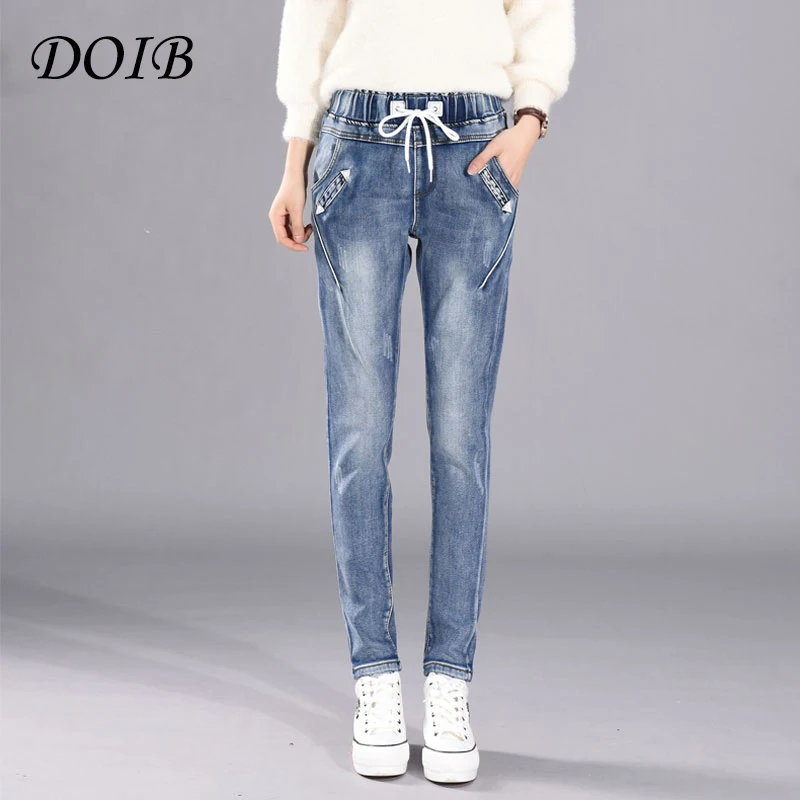 Женские теплые джинсы с флисовой подкладкой DOIB синие ковбойские бархатные
