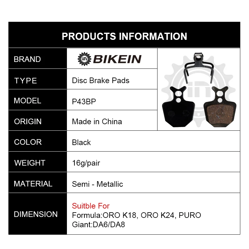 

BIKEIN - 4 Pairs Mountain Bicycle Disc Brake Pads For Formula ORO K18/K24/PURO Giant DA6/DA8 MTB Bike Resin Semi - Metallic Pad