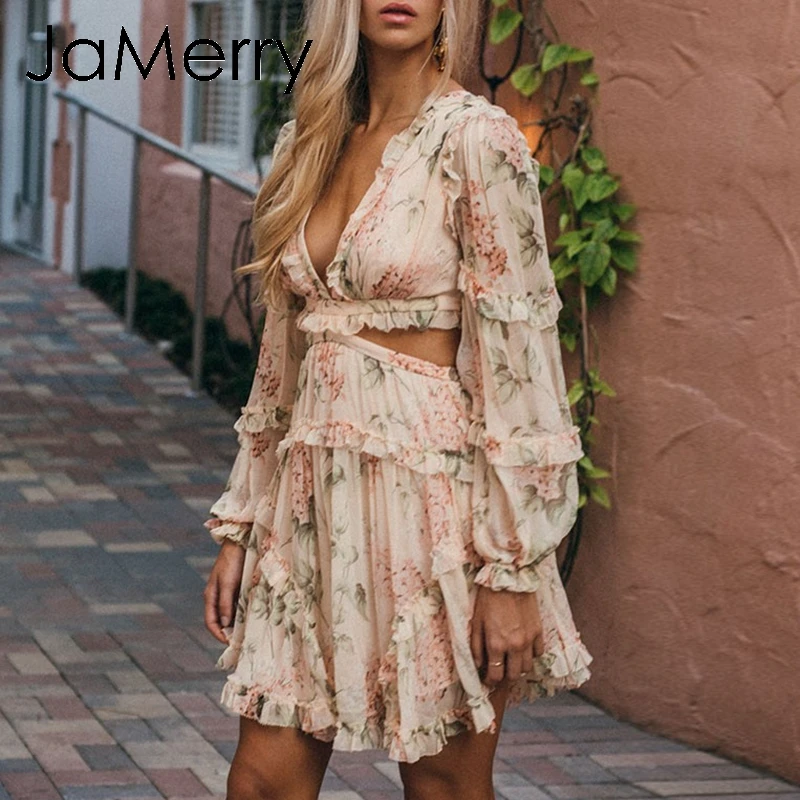 JaMerry Boho Цветочный Принт Бандажное шифоновое платье на шнуровке женские летние