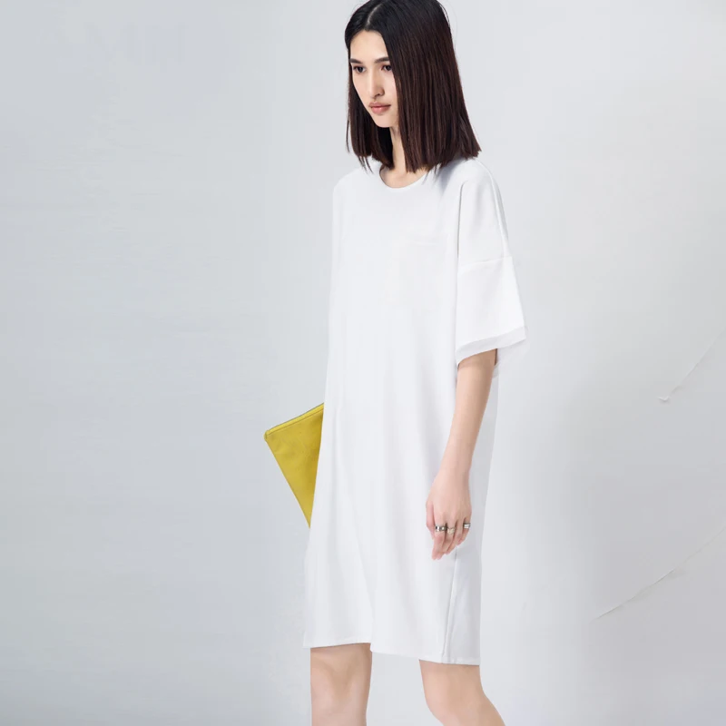 Минималистичное летнее простое свободное шифоновое платье с круглым вырезом и