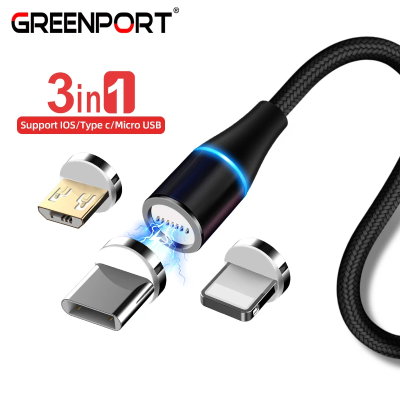 

Магнитный кабель для быстрой зарядки GREENPORT 3 в 1 для iPhone, Samsung, Huawei, круглый провод для синхронизации данных типа C, Micro USB C, Зарядные кабели