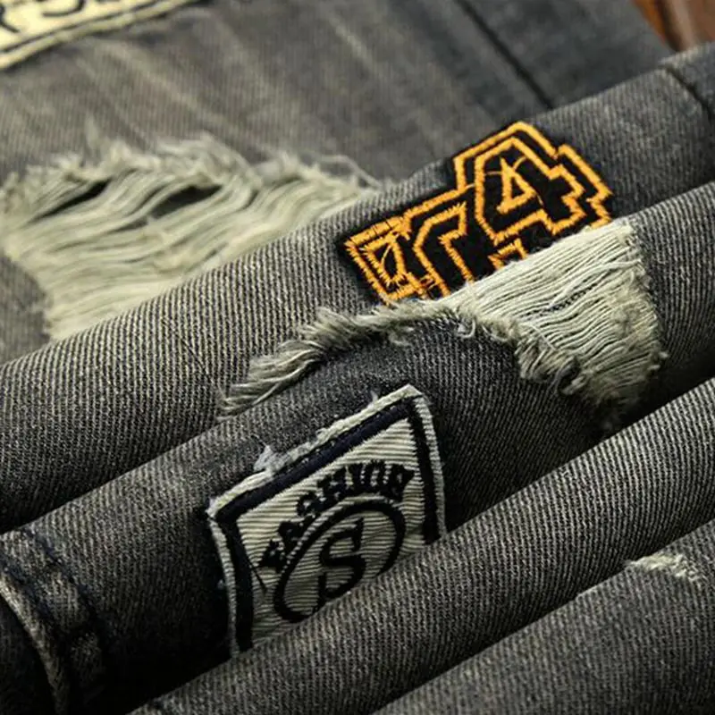 Men's Distressed Ripped Motorcycle Biker Jeans Patchwork Pants Slim Fit Mens Moto Denim Hip Hop Punk Streetwear For Men 163# | Мужская