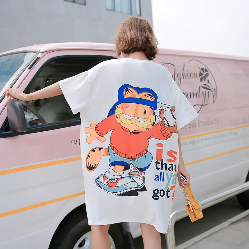 [HG] 2019 New Europe Casual Loose Cartoon Half Sleeve O-neck Fashion Women Pullover Dress Summer Above Knee ZQ1567 | Женская одежда