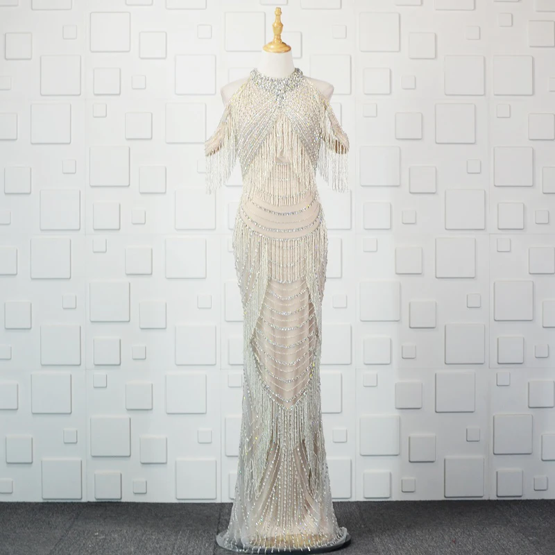 Роскошные Холтер шеи Кристалл Бисероплетение Vestidos De Festa с плеча Прозрачный