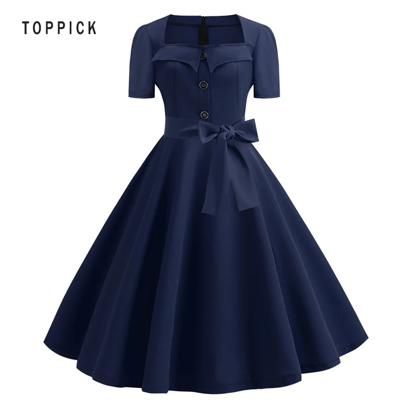 Женское винтажное платье с коротким рукавом размера плюс темно синее летнее в