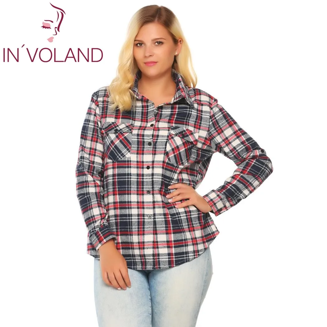 Женская клетчатая блузка IN'VOLAND Классическая рубашка большого размера плюс с