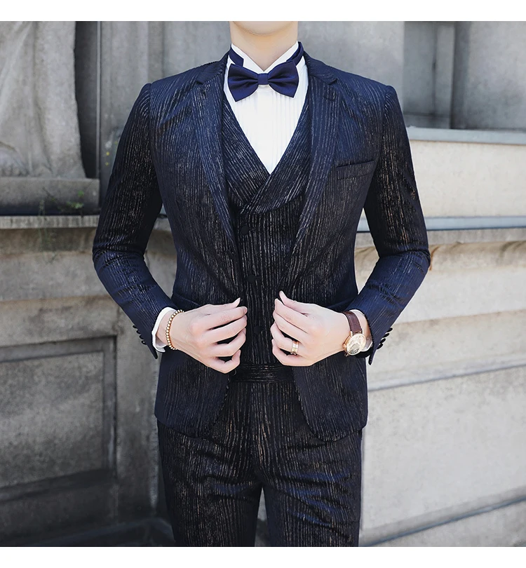 Повседневная одежда(Блейзер+ жилет+ брюки), Trajes De Hombre, костюм Mariage Homme Tuxedo,, осенние мужские костюмы в полоску, мужские деловые костюмы