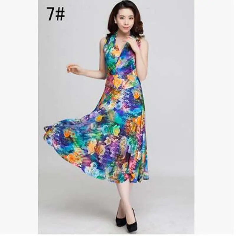 

Summer Style 2016 Women Dress Floral Print Dresses V-neck Sleeveless Wrap Dress Fit and Flare Dresses Long Beach Dress AE989