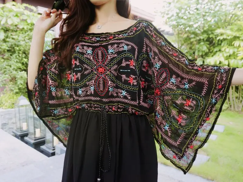 2018 Vintage Mexican Print Embroidery Women Chiffon O Neck Elastic Waist Loose Mini Dress Flare Half Sleeve Runway Boho Dresses | Женская