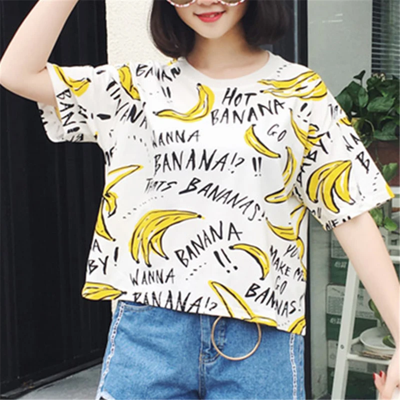 Летняя Шикарная новая футболка с принтом банана для женщин Свободный Топ