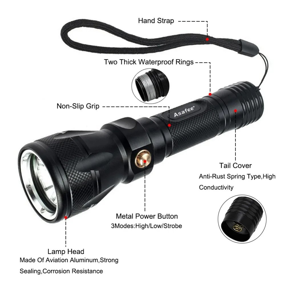 Asafee Diver фонарь CREE XML L2 светодиодный водонепроницаемый фонарик для подводного плавания 100 м фонарь es с батареей и зарядным устройством