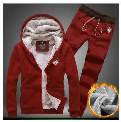 Men's Grey Plus Velvet Thickening With A Hood Cardigan Sweatshirt Male Set Outerwear Burgundy Black Navy Blue Hoodie+Pants | Мужская
