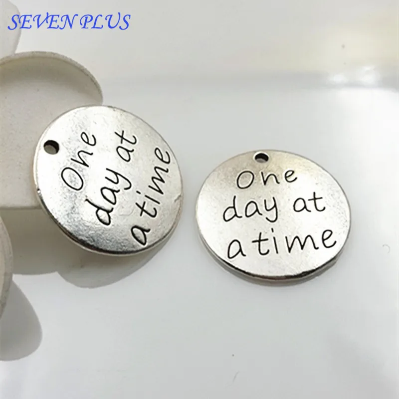 Newest Style 20 Pieces/Lot Diameter 23mm Antique Silver Plated Letter Printed One Day At A Time Words Charms Pendants