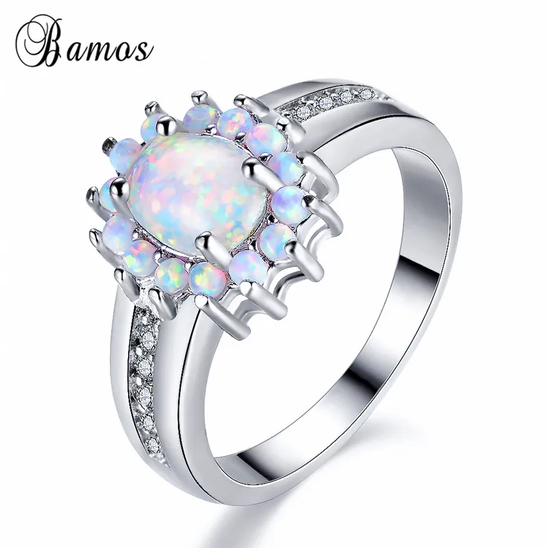 Bamos Boho белое овальное кольцо с огненным опалом Трендовое Радужное цветком для женщин серебряный цвет
