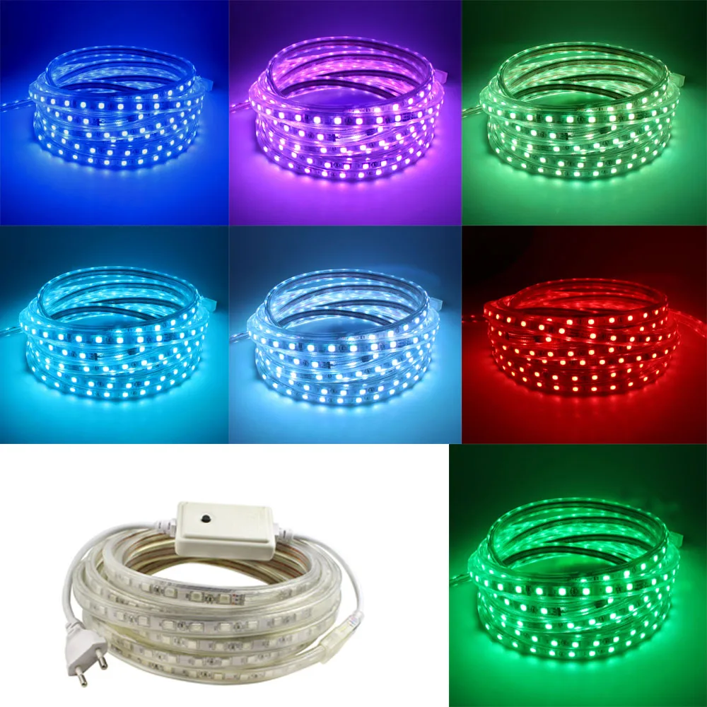 Гибкая светодиодная лента RGB SMD 5050 AC220V IP67 водонепроницаемая 60 светодиодов/м с
