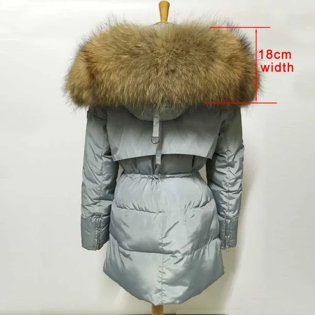light blue 18cm fur YEYELANA, высокое качество, большой натуральный мех,, зимняя куртка для женщин, натуральный мех енота, воротник с капюшоном, плотное пальто, женская зимняя парка - Цвет: light blue 18cm fur