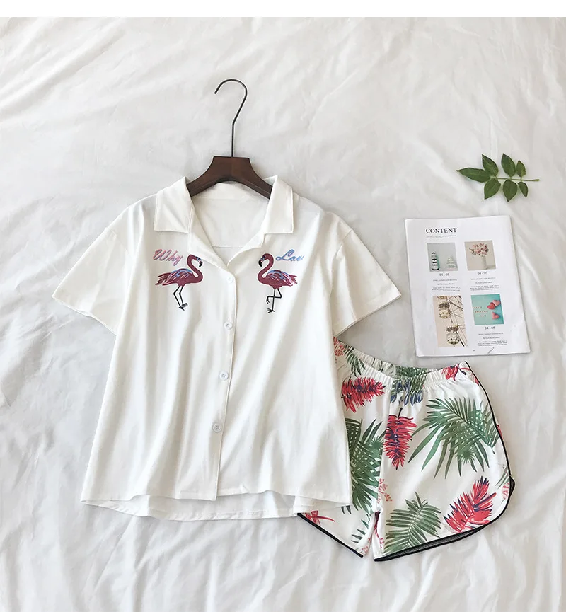 

Summer New Short-sleeved Women's Pyjamas Pure Cotton Lapel Cardigan Two-piece Home Wear Womens Pajamas Cartoon Pijama Mujer