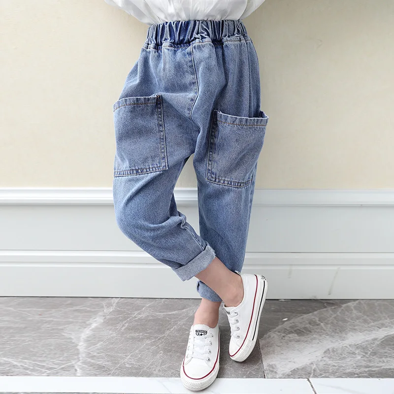 Детские джинсовые брюки свободные однотонные джинсы для девочек шаровары с