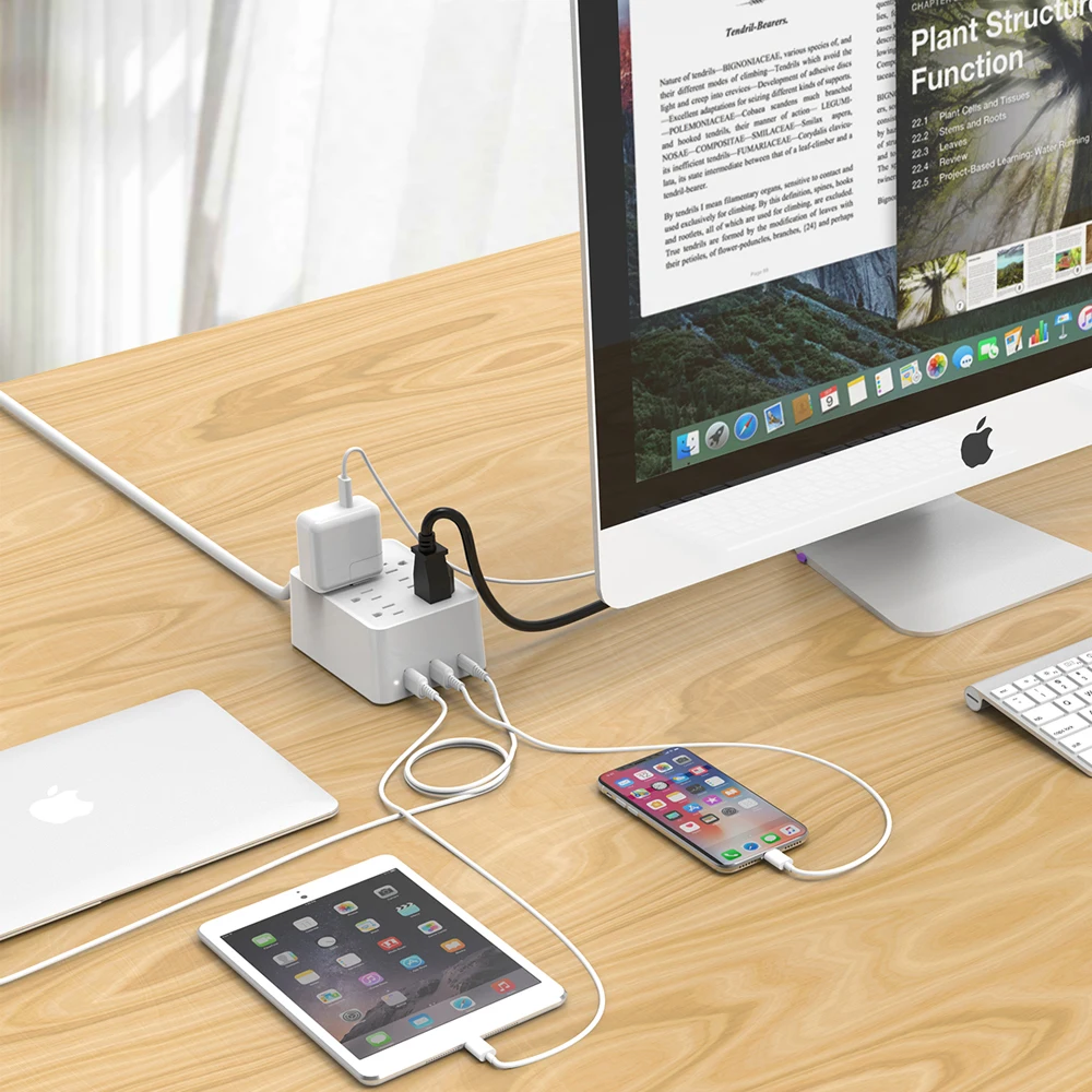 Сетевой блок питания NTON с PD зарядным устройством 45 Вт USB-C США плоский штекер 6AC 3USB(2 USB-A, 1 USB-C) для домашнего офиса 1,8 м удлинитель