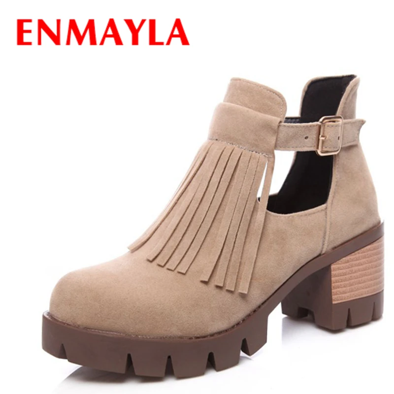 ENMAYLA Fashion Autumn Cut Out Shoes Woman Tassel Close Toe Buckle Ankle Boots for Women Faux Suede Round Black | Обувь