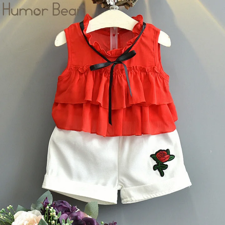 BL102H red Humor bear/комплект одежды для маленьких девочек Летняя Милая Новая модная футболка на бретельках с фруктами+ штаны с карманами костюм из двух предметов комплект детской одежды - Цвет: BL102H red
