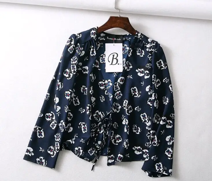 JuneLove 2019 New summer autumn women long sleeve cherry dot sunflower print kimono cardigan chiffon tops lace up blouses |
