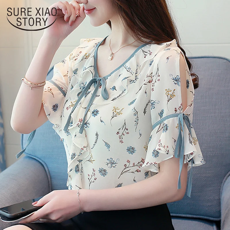 2018 New short sleeve summer women blouses fashion print chiffon blouse shirt bow V collar clothing blusas 0049 30 |