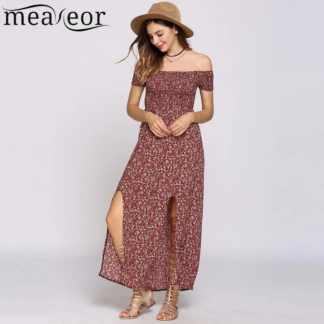 Boho рукав от плеча короткие Стиль Цветочный принт Разделение низ пляжные