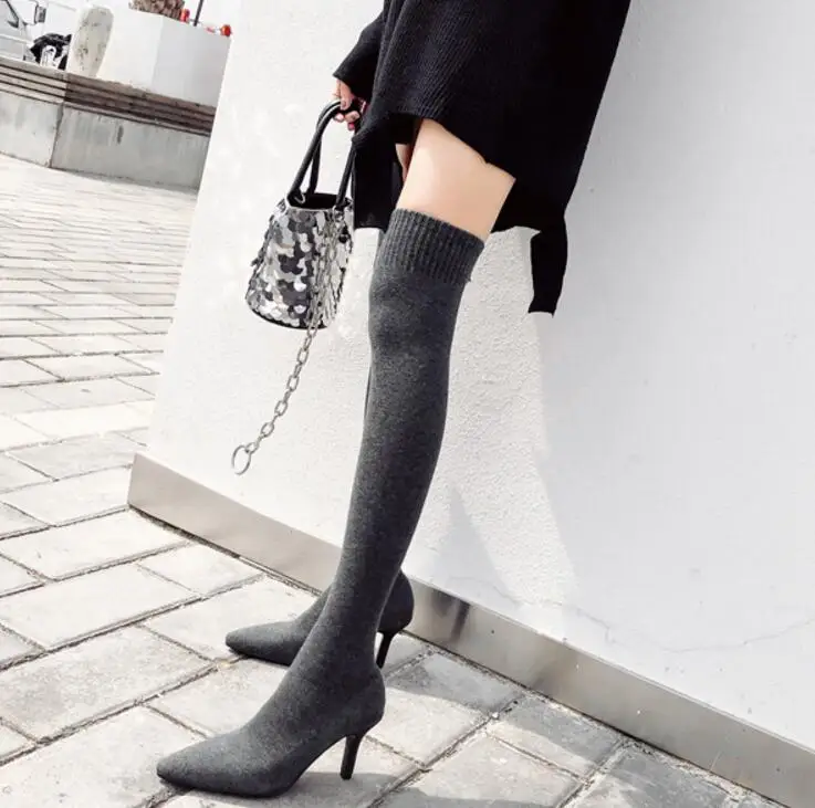 Grey High Heels Облегающие высокие сапоги-ботфорты с блестками; Bottes; женская брендовая обувь с острым носком; Цвет Серебристый; эластичные сапоги на плоской подошве; Botines; вязаная обувь - Цвет: Grey High Heels