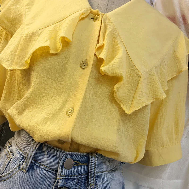 Vogue Single-breasted turndown collar Shirts Short Sleeve Korean Style Women Blusas Mujer De Moda 2018 Summer Blouses Femme Tops |