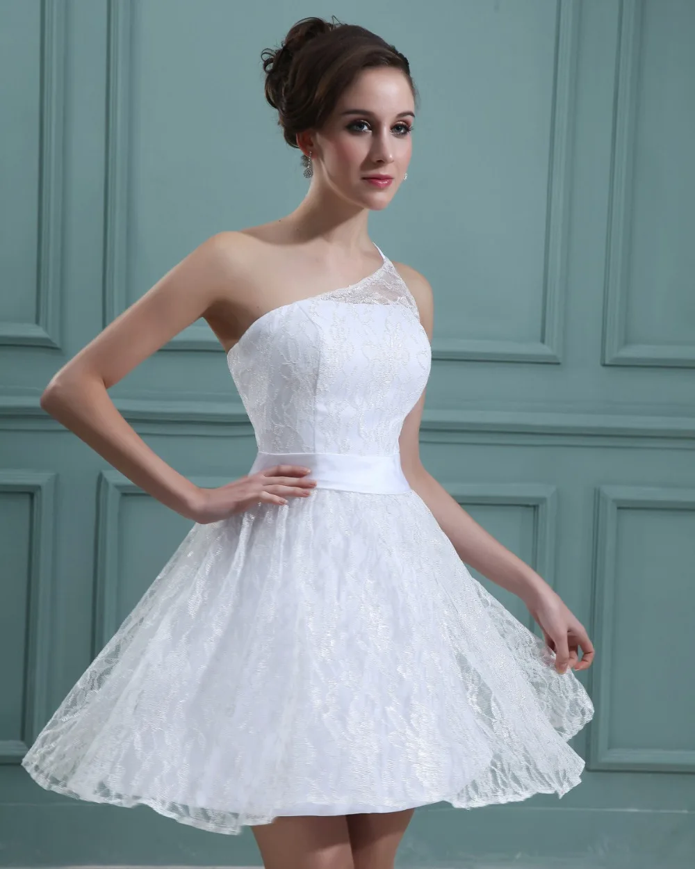 natural none A line sleeveless one shoulder mini miniskirt short white lady lace designer sexy babydoll cocktail party dress | Свадьбы и