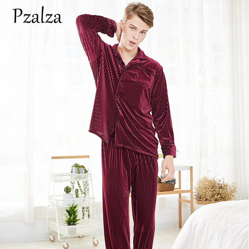 2018 Pajamas Men Winter Long Sleeve Shirt+Pants Men's Pajamas Set Soft Velour Men Pyjama Homewear Red Green Brown L XL XXL