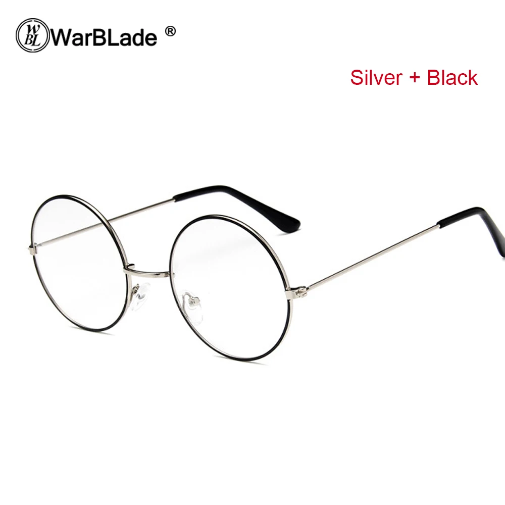 silver black WarBLade дешевые, большие, круглые очки для умников, прозрачные линзы, унисекс, Золотая круглая металлическая оправа, очки, оправа, оптическая, для мужчин, женщин, черная, УФ - Цвет оправы: silver black