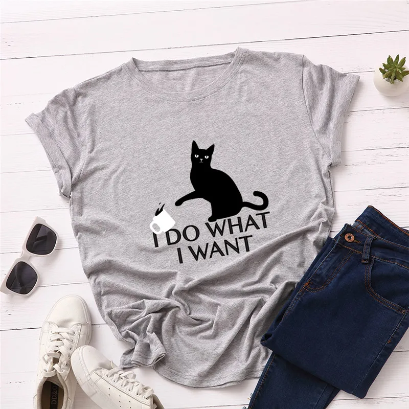 Женская футболка размера плюс S-5XL с буквенным принтом Kawaii Cat, хлопок, круглый вырез, короткий рукав, летняя футболка, топы, футболки, женские футболки