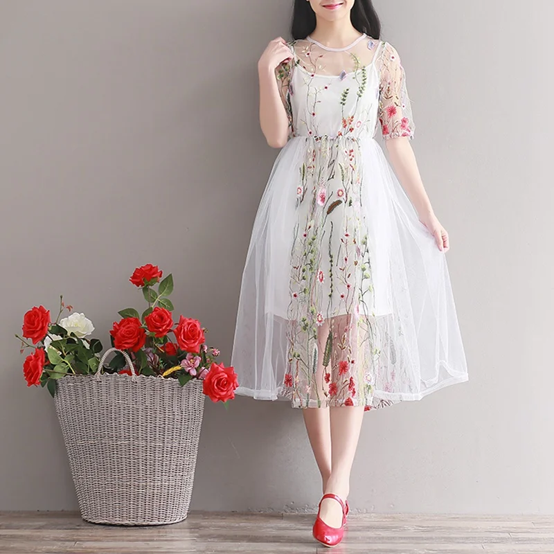 Летнее пляжное платье Новинка белое кружевное с круглым вырезом цветочный