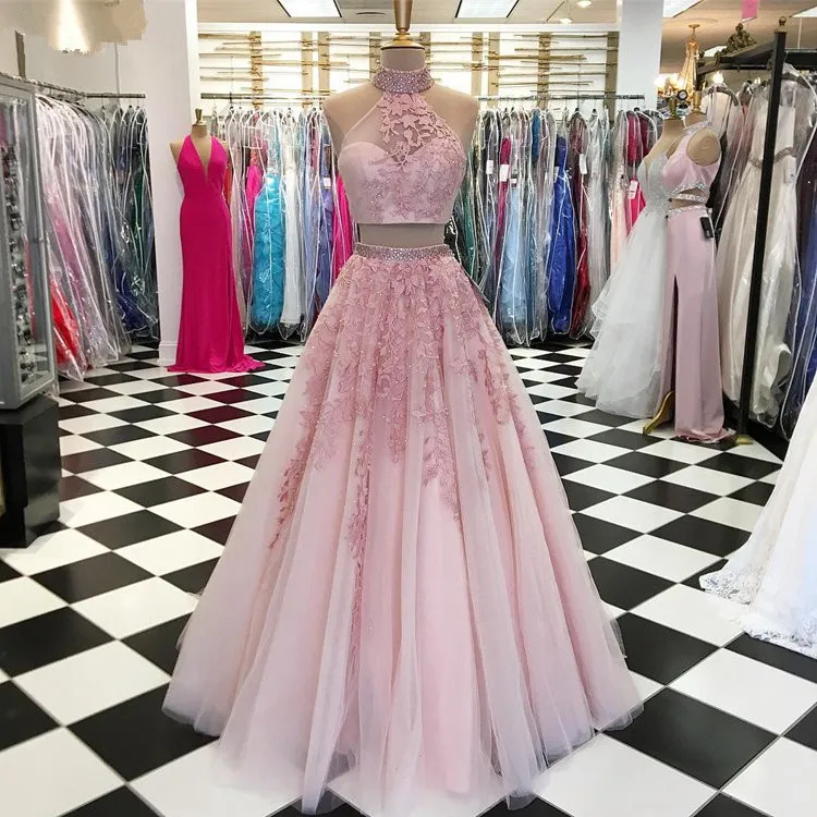 Pink Dresses A-line Halter Tulle Lace Beaded Two Pieces Party Maxys Long Hot Gown Dresses Robe De Soiree