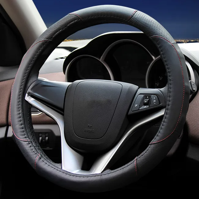 red line Высокое качество кожаный чехол рулевого колеса автомобиля четыре сезона универсальные автомобильные аксессуары для Chevrolet cruze mrlibu aveo SAIL trax - Название цвета: red line