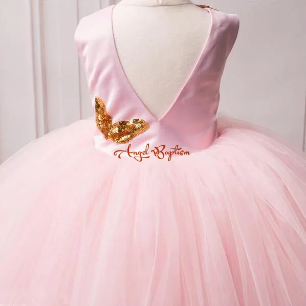 Великолепное розовое платье с цветочным узором для маленьких девочек золотыми