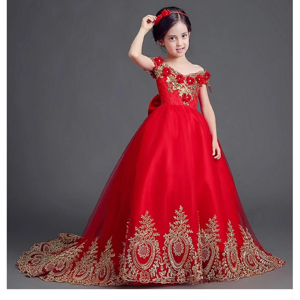 Exquisite Ball Gown Red Long Trailing Flower Girl Dresses for Weddings kids Elegant Gold Wire Birthday Pageant Dress Custom Made | Детская