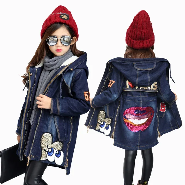 New Winter Kids Girls Denim Jacket Children Thick Velvet Warm Coat Cotton Hooded Outwear For Girl | Детская одежда и обувь