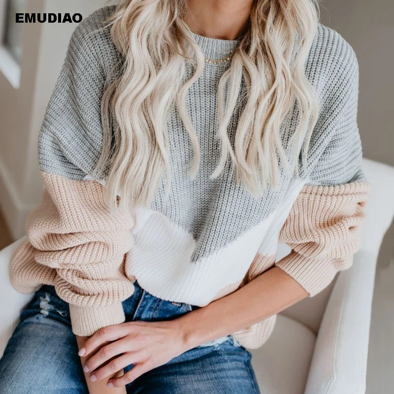 Streetwear Sweater Women Patchwork Long Sleeve Knitted Pullovers Autumn Winter 2019 Casual Sweaters Knitwear Pull Femme Jumper | Женская