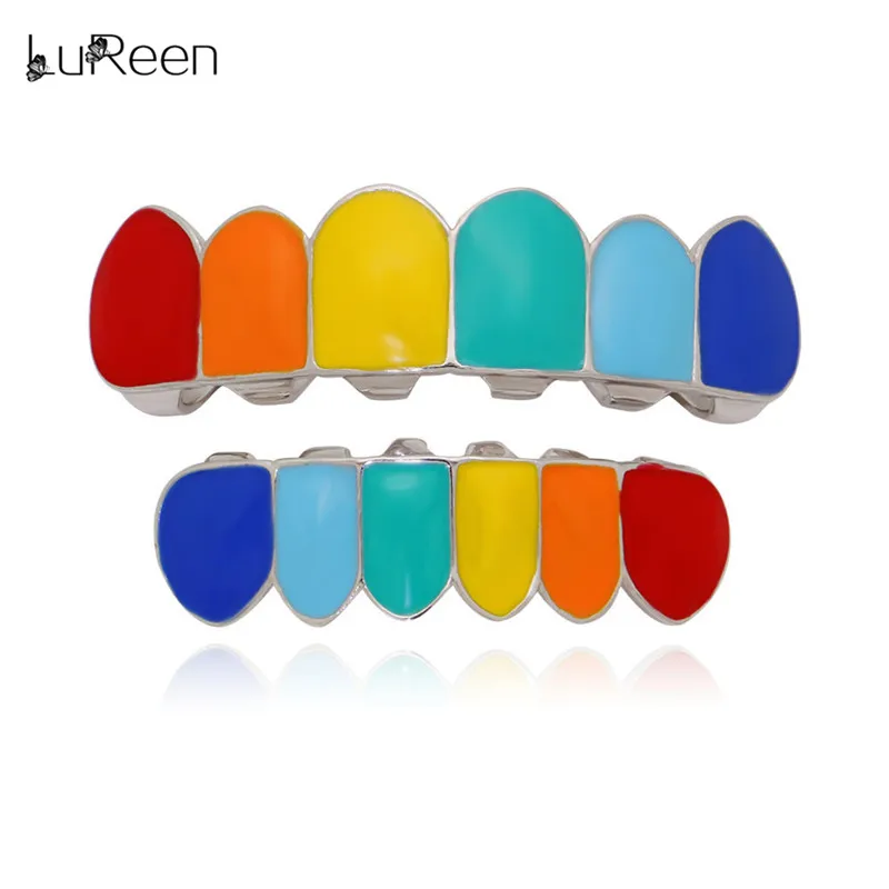 

LuReen Fashion Rainbow Gold Teeth Grillz For Women Top Bottom Colorful Dental Grills Set Tooth Cap Body Hip Hop Jewelry Gift