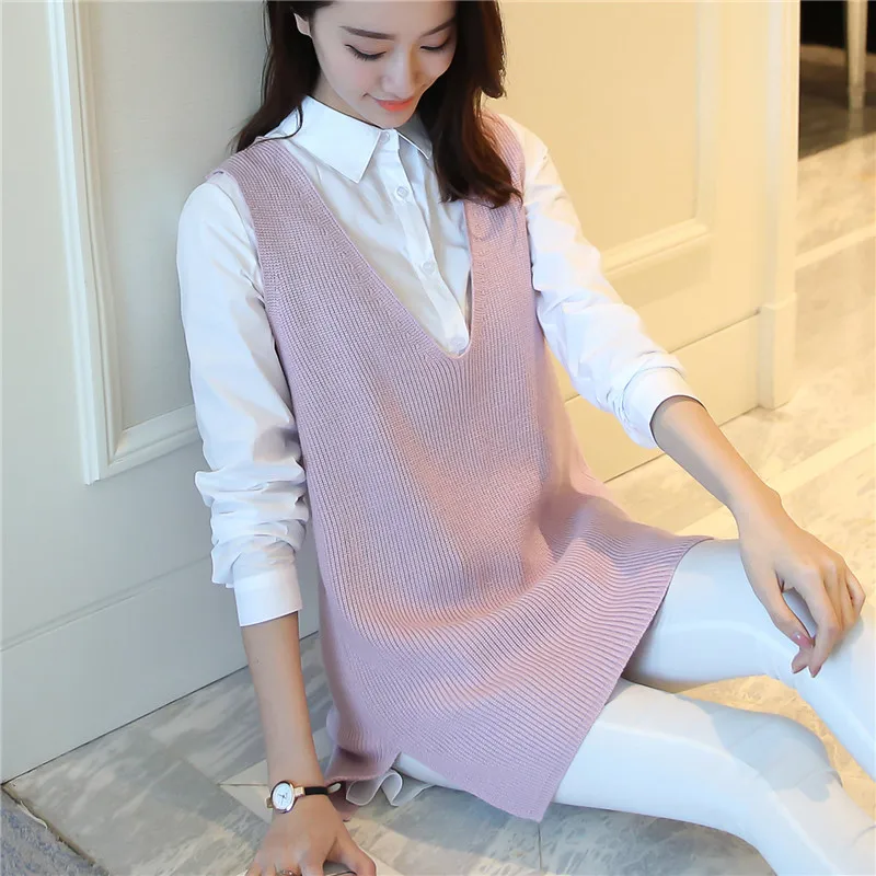 Loose V-neck long sweaters women's head sleeveless sweater vest outer jacket |