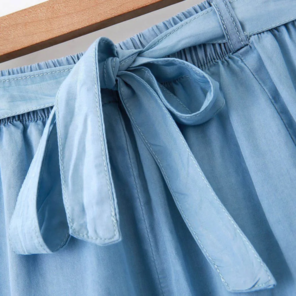 

Womens Denim Pants Summer New Loose All-match Wide Leg Pants Cool Tencel Calf-Length Pants Thin Elastic Waist With Sashes SY2021