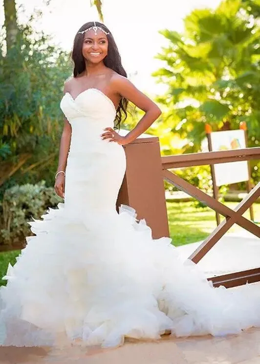 

African 2021 Sweetheart Backless Satin Mermaid Wedding Dresses With Ruffle Tiered wedding dress Bridal Gowns Vestido De Noiva